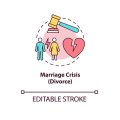 Marriage crisis concept icon. Troubles in relationship. Family breakup. Differing personalities. Divorce abstract idea thin line illustration. Vector isolated outline color drawing. Editable stroke