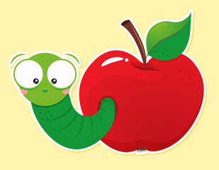 Cute green worm in red apple. Back to school character smart catterpillar animal illustration. Good for clothes, gift sets, photos or motivation posters. Preschool education T shirt typography design.