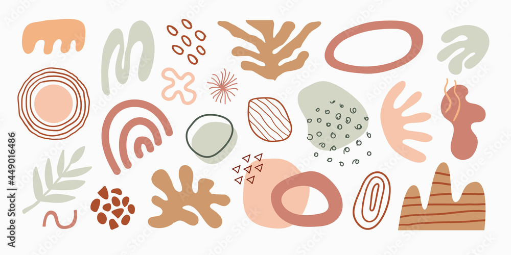 Poster modern set of hand drawn various shapes, plants, tropical elements and doodle objects. abstract cont