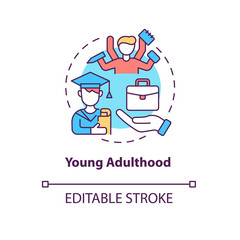 Young adulthood concept icon. Self-research and choosing way. Graduating and life stage. Human development abstract idea thin line illustration. Vector isolated outline color drawing. Editable stroke