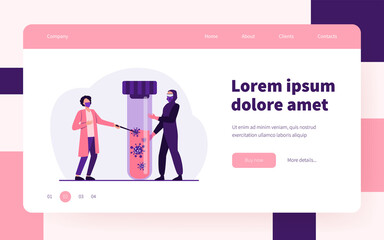 Tiny people in protective uniform holding flask with blood. Coronavirus, mask, analysis flat vector illustration. Pandemic and medicine concept for banner, website design or landing web page