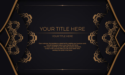 Black banner with luxury gold ornaments for your design. Vector design of invitation card with vintage patterns.