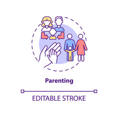 Parenting concept icon. Support and cooperation. Family life. Childbearing. Kid adoption. Child rearing abstract idea thin line illustration. Vector isolated outline color drawing. Editable stroke