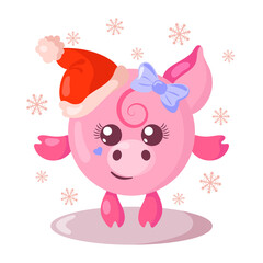 Funny cute kawaii pig with Christmas hat and round body surroundet by snowflakes in flat design with shadows. Isolated animal vector illustration	