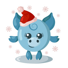 Funny cute kawaii pig with Christmas hat and round body surroundet by snowflakes in flat design with shadows. Isolated animal vector illustration	