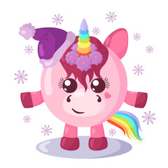 Funny cute kawaii unicorn with Christmas hat and round body surroundet by snowflakes in flat design with shadows. Isolated animal vector illustration	
