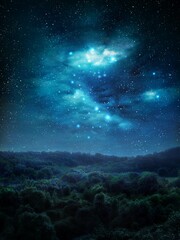 Space nebula with stars in the night sky over the mountains. Milky Way Galaxy above the wooded hills. Beautiful night landscape.
