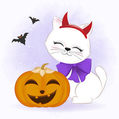 Cute cat with pumpkin and bat cartoon animal Halloween illustration