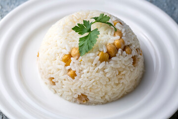 Turkish Rice with chickpea served, Turkish name; Nohutlu pilav or pilaf