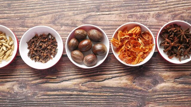Spices collection in a container on table ,