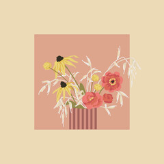 Bouquet with dried flowers, bohemian style, dry spikelets and herbs. Echinacea yellow. Botanical illustration
