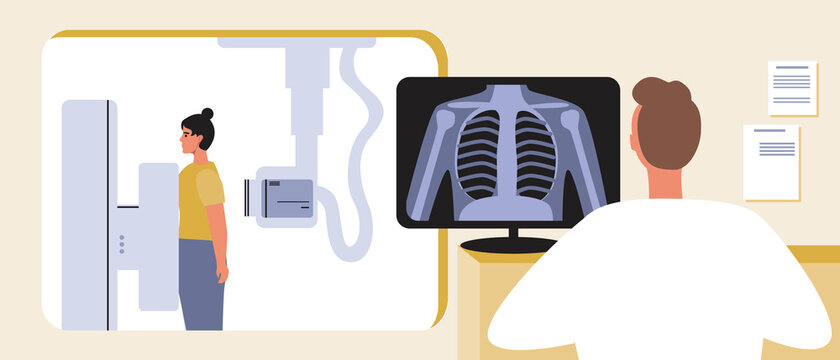 Fluorography office, x-ray scan of lungs, flat vector stock illustration with x-ray machine and scan of patient's lungs at the computer