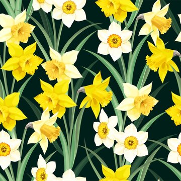 Seamless pattern with yellow and white daffodil