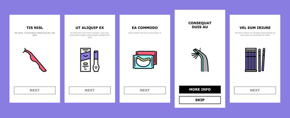 Eyelashes Extension Onboarding Mobile App Page Screen Vector. Applying And Correction Eyelashes, Patches And Tweezers, Brushes And Scissors Illustrations