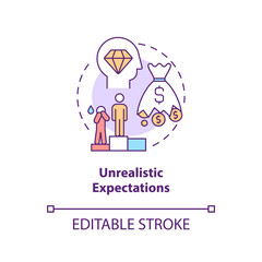 Unrealistic expectation concept icon. Problem of starting company. Startup launch challenges abstract idea thin line illustration. Vector isolated outline color drawing. Editable stroke