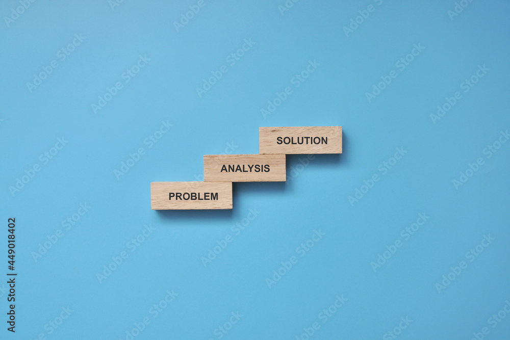 Poster wooden blocks in the form of stairs with inscriptions: problem, analysis, solution. step-by-step pla