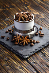 caffee beans and a star anise on a cup
