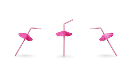 Set of realistic pink Drinking Straws with cocktail umbrella isolated on white background
