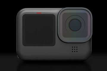 Photo and video lightweight action camera with display on black background