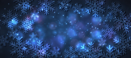 Fototapeta na wymiar Magic light background with snowflakes. Abstract holiday backdrop.