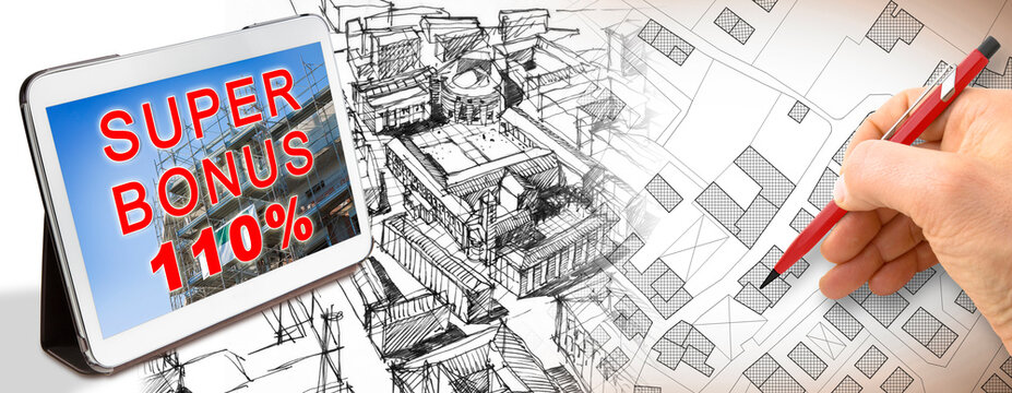 110% italian state bonus concept called Super Bonus or Sisma Bonus or Eco Bonus 110%, and money concession for the construction of building works to improve the thermal efficiency of buildings