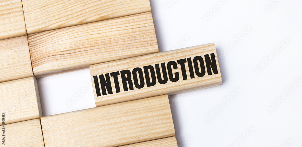 Poster on a light background, wooden blocks with the text introduction. close-up top view.