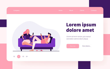 Couple sitting on sofa and using smartphones. Relaxing, couch, family flat vector illustration. Digital technology and lifestyle concept for banner, website design or landing web page
