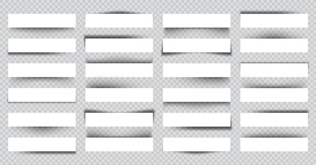 Set of white blank paper scraps with shadows. Page dividers on checkered background. Realistic transparent shadow effect. Element for design. Vector illustration.