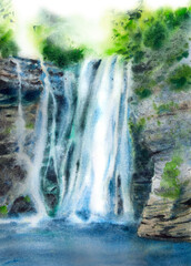 Fototapeta na wymiar Waterfall watercolor in blue tone on white background