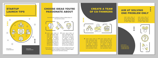 Startup launch tips yellow brochure template. Create a team. Flyer, booklet, leaflet print, cover design with linear icons. Vector layouts for presentation, annual reports, advertisement pages