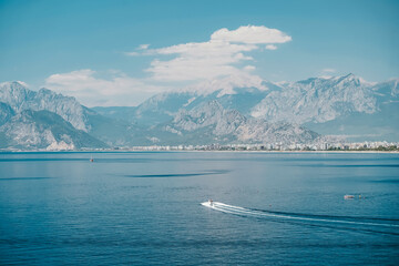 View of Antalya Turkey and the Mediterranean Sea. Panorama of Antalya in summer sunny weather. Turkish resorts, attractions and travel