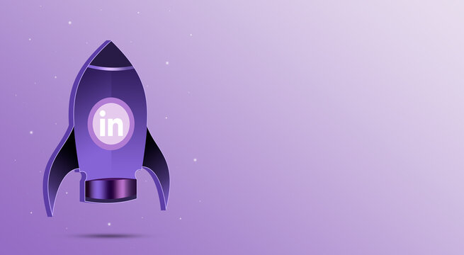 Rocket with Linkedin icon in the porthole 3d