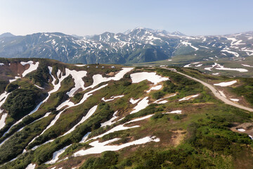 Beautiful mountain landscape of Vilyuchinsky Pass at sunny day. Kamchatka Peninsula, Russia