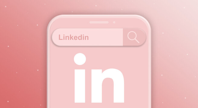 Phone with search bar, request and logo of the social network linkedin 3d