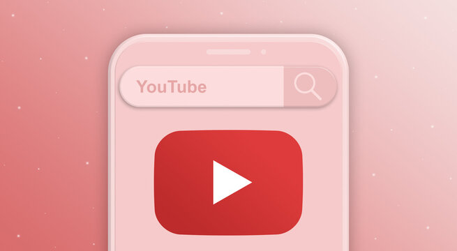 Phone with search bar, request and logo of the social network youtube 3d