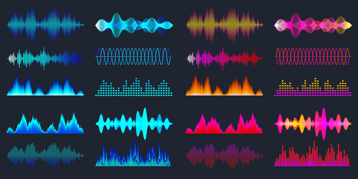 Blue and red colorful sound waves collection. Analog and digital audio signal. Music equalizer. Interference voice recording. High frequency radio wave. Vector illustration.