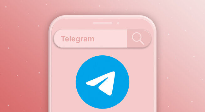 Phone with search bar, request and logo of the social network telegram 3d