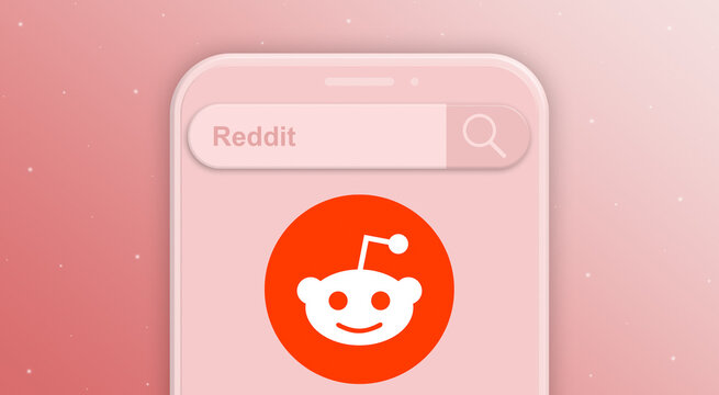 Phone with search bar, request and logo of the social network reddit 3d