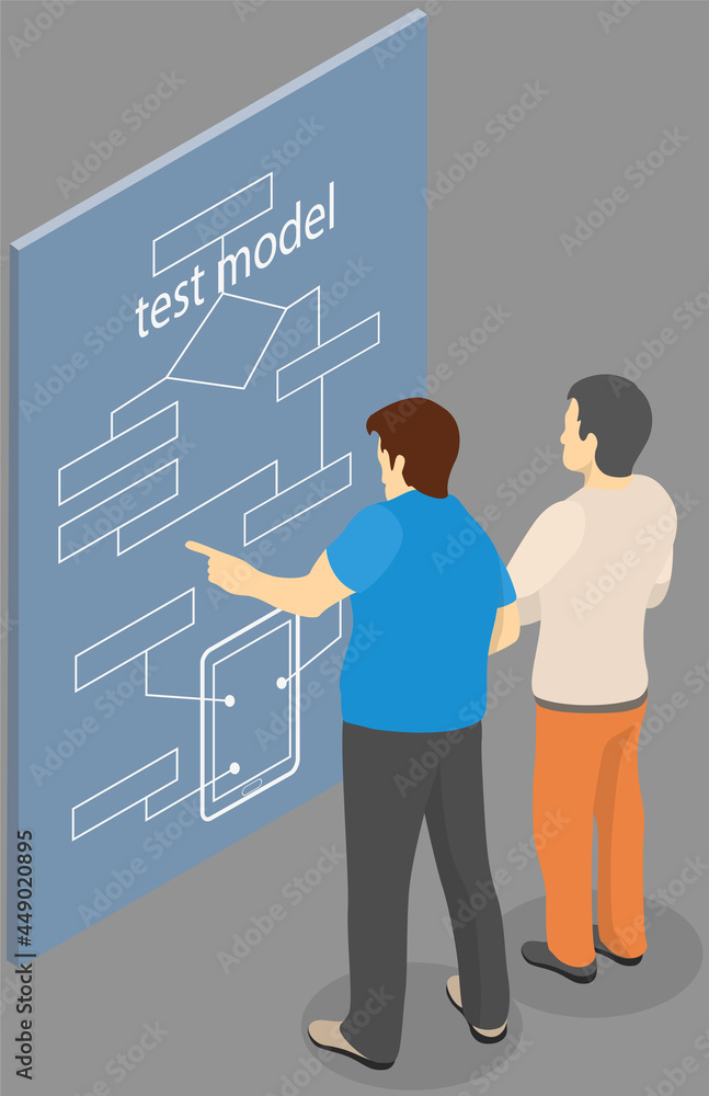 Poster people look at poster showing test model of smartphone structure. male characters examine components
