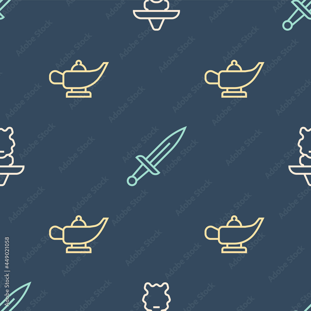 Poster set line wizard warlock, magic lamp or aladdin and dagger on seamless pattern. vector
