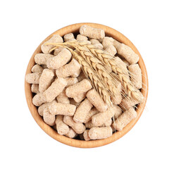 Granulated wheat bran and spikelets in bowl on white background, top view