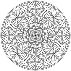 Symmetrical mandala with linear patterns, coloring page with striped motifs