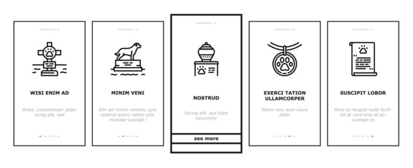 Pet Funeral Cemetery Onboarding Mobile App Page Screen Vector. Pet Funeral Ceremony And Prayer, Individual And Collective Cremation, Cat And Dog Dead Illustrations
