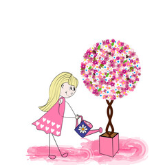 Niña regando árbol con flores rosas en macetero.