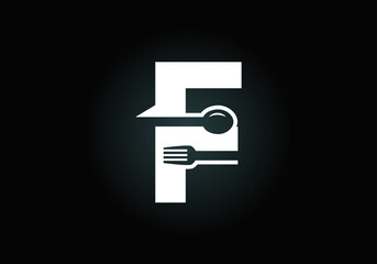 Initial F monogram alphabet with a fork, spoon. Font emblem. Modern vector logo for cafe, restaurant, cooking business, and company identity