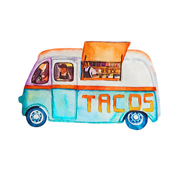 bus isolated on white mexican food van taco van cafe on wheels watercolor illustration