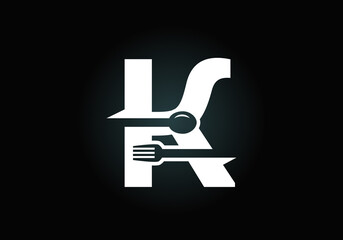 Initial K monogram alphabet with a fork, spoon. Font emblem. Modern vector logo for cafe, restaurant, cooking business, and company identity