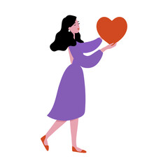 Colored vector illustration with long-haired woman in violet dress and red shoes with closed eyes and smile carrying red heart. Cute love and care poster, greeting card template