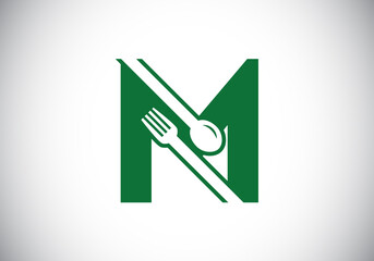 Initial M monogram alphabet with a fork, spoon. Font emblem. Modern vector logo for cafe, restaurant, cooking business, and company identity