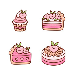 Set of cute peach cakes decorated with flowers, fruits, hearts isolated on white background. Tasty dessert, confection or sweet pastry. Kawaii cartoon vector illustration.